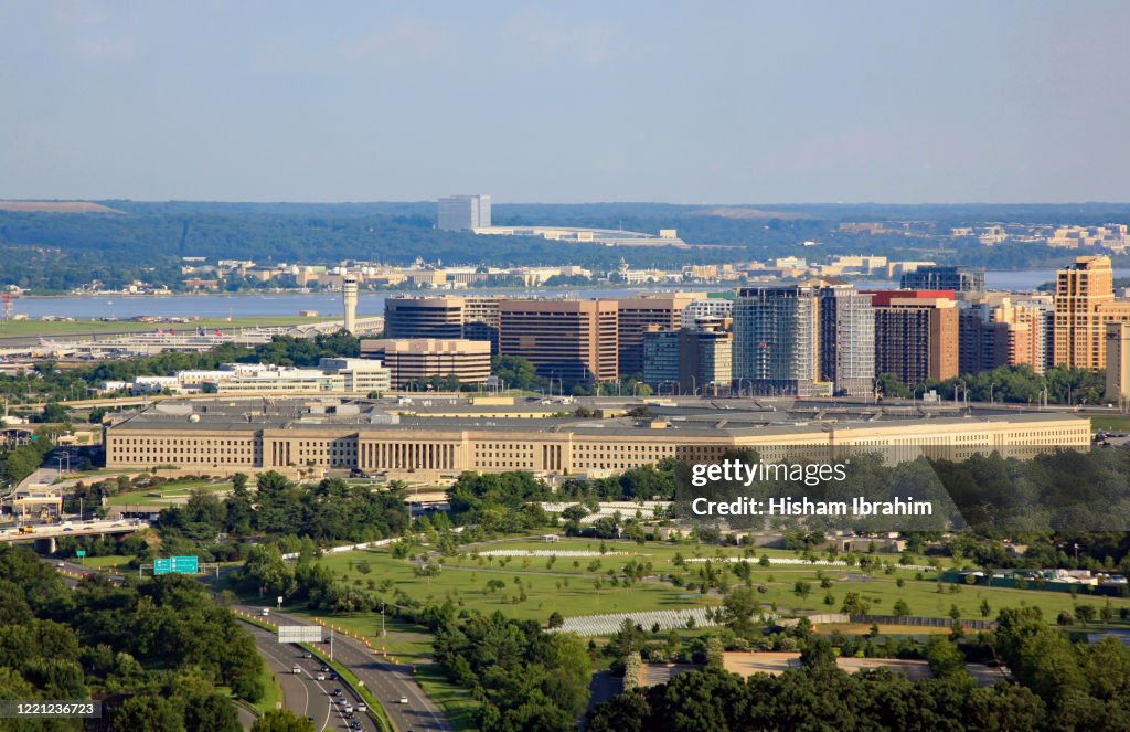 Panoramic Aerial View of The Pentagon, Crystal City Skyline and the Potomac River at Sunset.