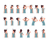 Neck shoulder spine exercise isolated set. Vector flat cartoon graphic design illustration