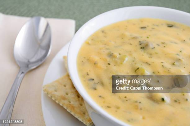 broccoli cheddar cheese soup with crackers - cremesuppe stock-fotos und bilder