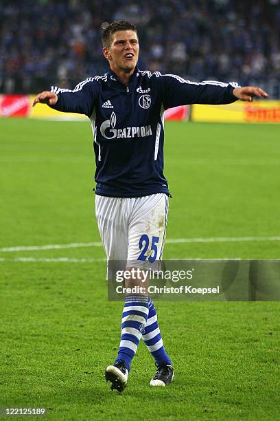 Klaas-Jan Huntelaar of Schalke celebrates after the UEFA Europa League play-off second leg match between FC Schalke and HJK Helsinki at Veltins Arena...