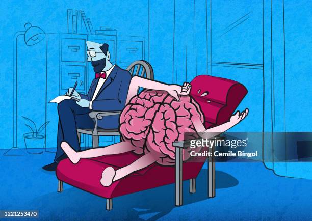 ilustraciones, imágenes clip art, dibujos animados e iconos de stock de psicólogo en una sesión de terapia con personaje cerebral dibujos animados llustration - psychiatrists couch