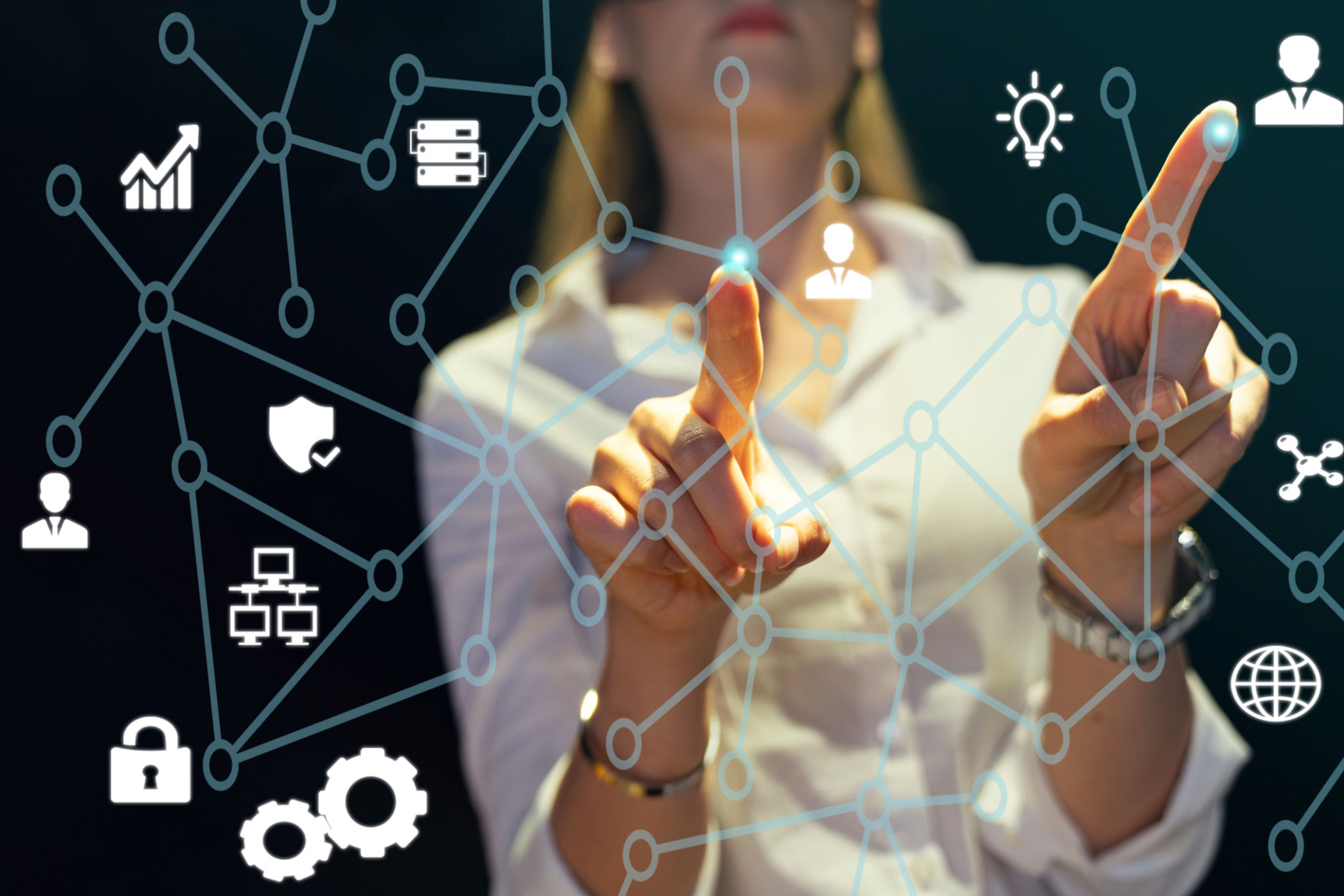 View of a Business network connection displayed on a futuristic interface with technology icon - Worldwide business concept View of a Business network connection displayed on a futuristic interface with technology icon - Worldwide business concept