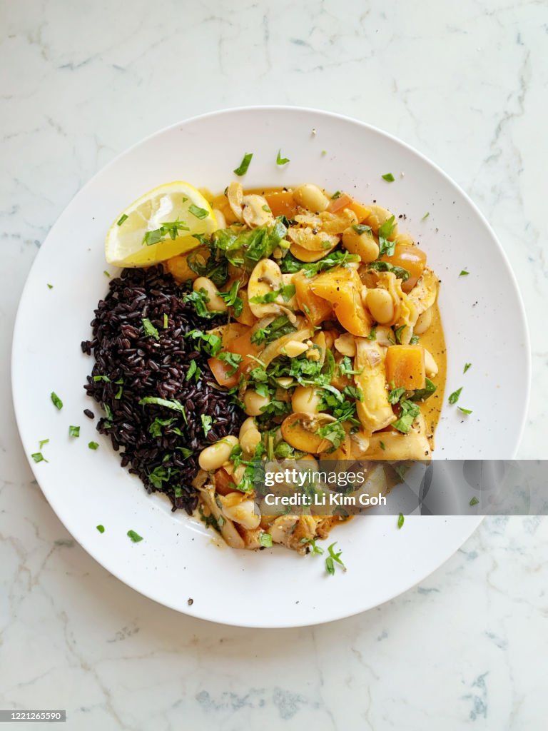 Vegan stroganoff, with coconut, butter bean and mushroom from recipe box