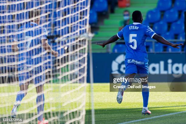 Oghenekaro Etebo of Getafe CF celebrates after scoring his team's first goal during the Liga match between Getafe CF and SD Eibar SAD at Coliseum...