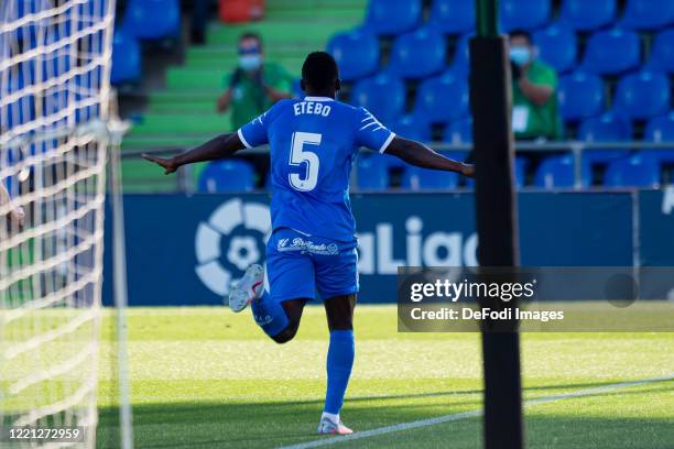 Oghenekaro Etebo of Getafe CF celebrates after scoring his team's first goal during the Liga match between Getafe CF and SD Eibar SAD at Coliseum...