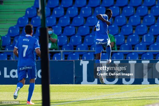 Oghenekaro Etebo of Getafe CF celebrates after scoring his team's first goal during the Liga match between Getafe CF and SD Eibar SAD at Coliseum...