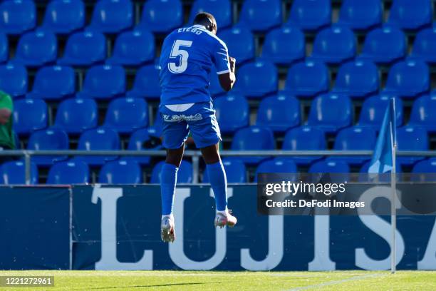 Oghenekaro Etebo of Getafe CF celebrates after scoring his team's first goal during the Liga match between Getafe CF and SD Eibar SAD at Coliseum...