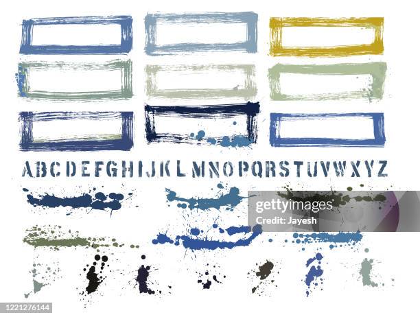 grunge border collection with alphabet stencil - stencil font stock illustrations