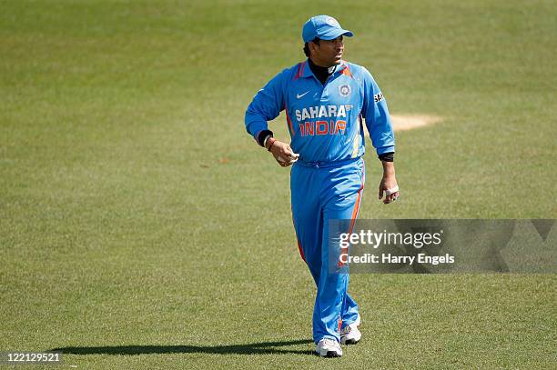 Sachin Tendulkar of India stands in the field during the one day tour match between Sussex and India at The County Ground on August 25, 2011 in Hove,...