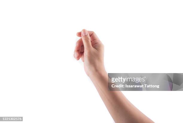 woman hand holding some like a blank card isolated on a white background - mano umana foto e immagini stock