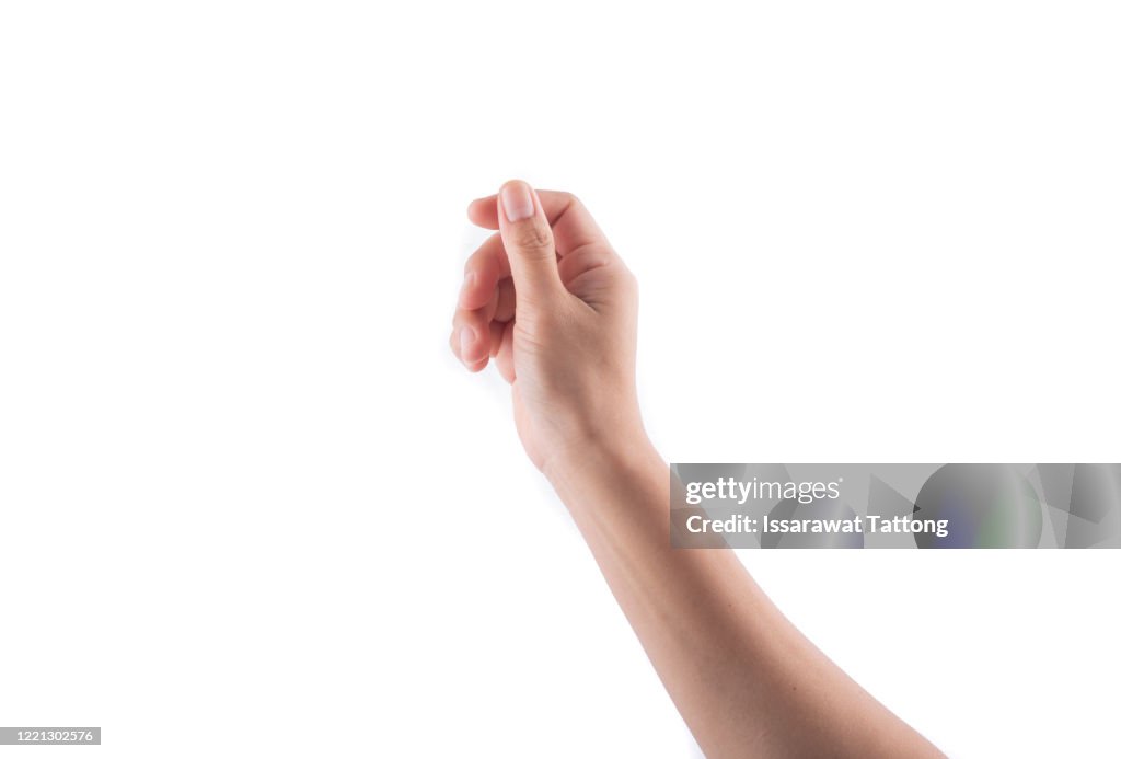 Woman hand holding some like a blank card isolated on a white background