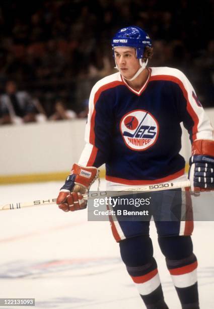 Barry Melrose of the Winnipeg Jets skates on the ice during an NHL game against the New York Rangers on November 21, 1979 at the Madison Square...