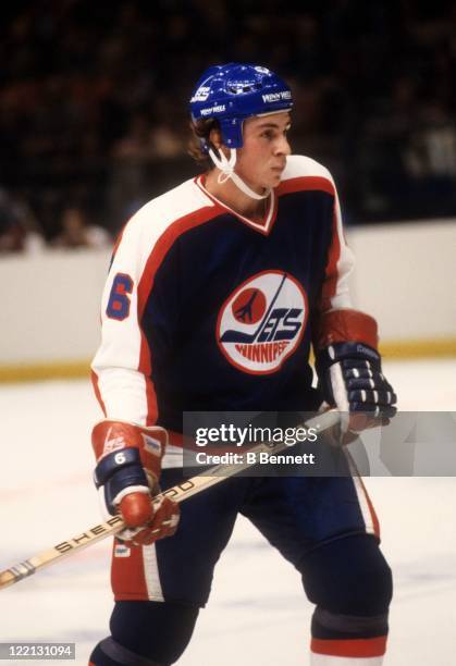 Barry Melrose of the Winnipeg Jets skates on the ice during an NHL game against the New York Rangers on November 21, 1979 at the Madison Square...