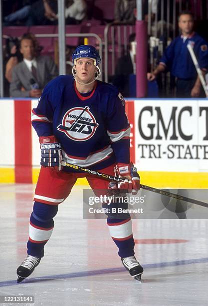 Deron Quint of the Winnipeg Jets skates on the ice during an NHL game against the New York Rangers on October 11, 1995 at the Madison Square Garden...