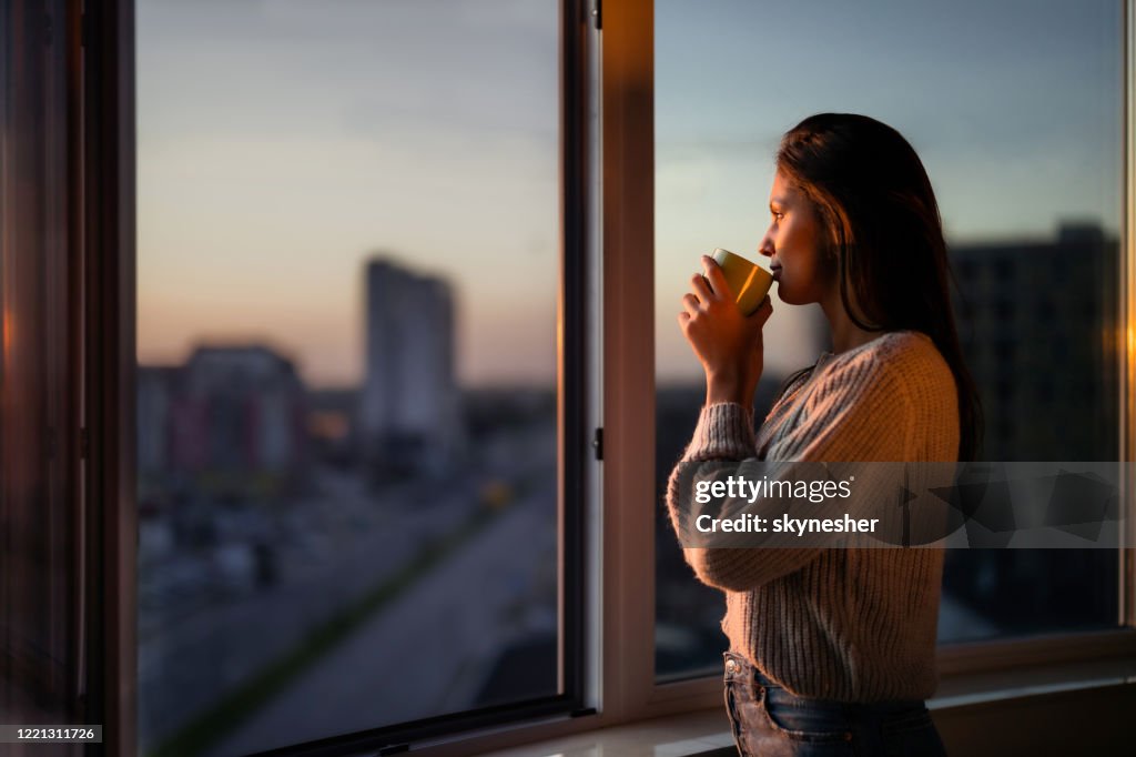 Vista de perfil de una hermosa mujer bebiendo café junto a la ventana.