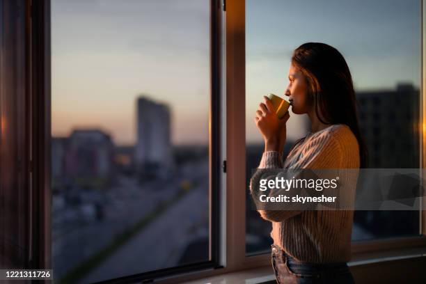 vista del profilo della bella donna che beve caffè vicino alla finestra. - see foto e immagini stock