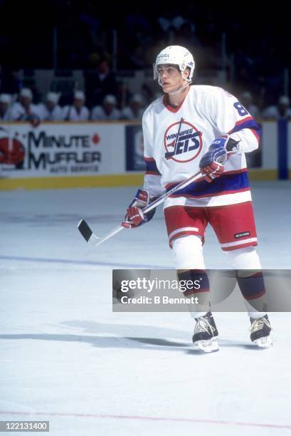 Teemu Selanne of the Winnipeg Jets skates on the ice during an NHL game in March, 1995 at the Winnipeg Arena in Winnipeg, Manitoba, Canada.