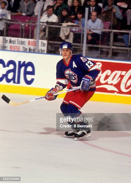 Teemu Selanne of the Winnipeg Jets skates on the ice during an NHL game against the New York Rangers circa 1993 at the Madison Square Garden in New...