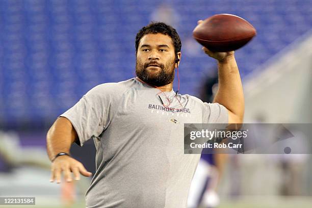 Defensive tackle Haloti Ngata of the Baltimore Ravens warms up before the start of a preseason game against the Washington Redskins at M&T Bank...