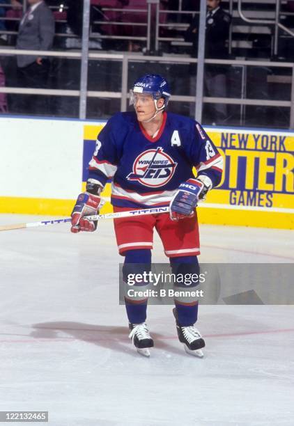 Teemu Selanne of the Winnipeg Jets skates on the ice during an NHL game against the New York Rangers circa 1993 at the Madison Square Garden in New...