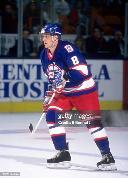 Teemu Selanne of the Winnipeg Jets skates on the ice during an NHL game against the Los Angeles Kings on January 28, 1995 at the Great Western Forum...