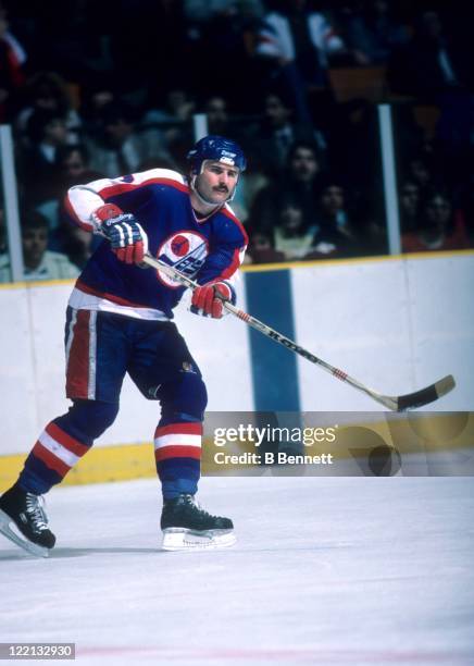 Tim Watters of the Winnipeg Jets passes the puck during an NHL game against the New Jersey Devils on March 12, 1985 at the Brendan Byrne Arena in...