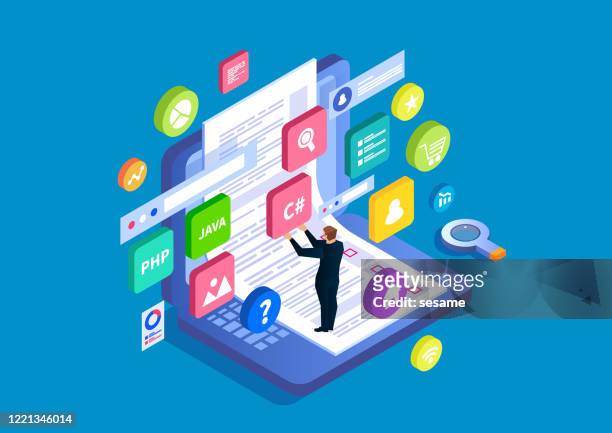 ui design and web testing, programming and coding, data analysis and research - collection stock illustrations