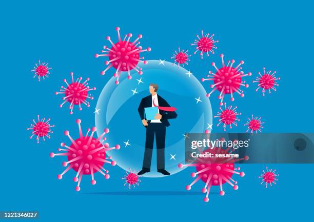 spherical force field helps businessmen to immunize against new coronavirus, outbreak of global plague, people isolate themselves - invisible force field stock illustrations
