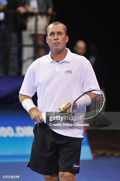 Tennis player Ivan Lendl plays in an exhibition match during the DIRECTV Old School Challenge Presented by ESPN at the 69th Regiment Armory on August...