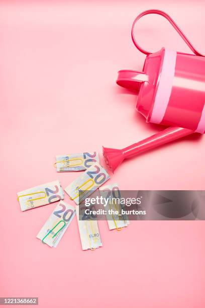 watering can and euro banknotes on pink background - fajo de billetes de euro fotografías e imágenes de stock