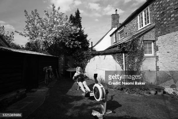 Rower Jess Leyden of the Great Britain Rowing Team trains at Home in Isolation on April 07, 2020 in Wallingford, England. The coronavirus and the...