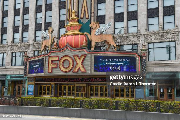 Digital marquee displays a 'We Love You, Detroit' message outside of a closed Fox Theatre as the coronavirus pandemic continues on April 26, 2020 in...