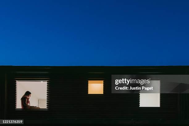 night time view of home exterior - figure on laptop in the window - 隔離 狀況 個照片及圖片檔