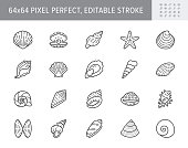 Seashell, oyster, scallop line icons. Vector illustration included icon as nautilus, spiral shell, starfish outline pictogram for beach mollusk infographic. 64x64 Pixel Perfect Editable Stroke