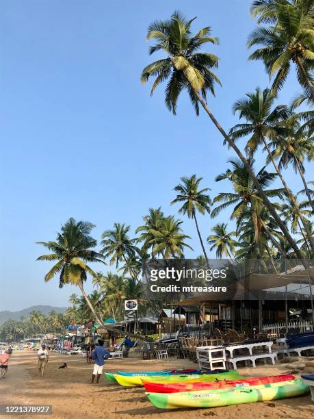 image of palolem beach, goa, india, with coconut palm trees, sunbathers on holiday vacation sun loungers, beach treehouses, holidaymakers swimming in sea, kayaks, canoes, fishing boats and parasol umbrellas - goa resort stock pictures, royalty-free photos & images