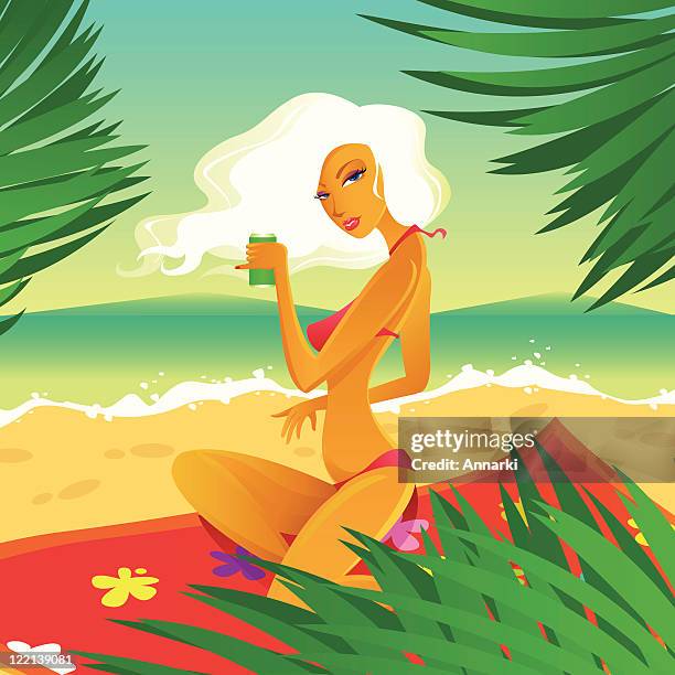 mädchen sitzt am strand - verführerische frau stock-grafiken, -clipart, -cartoons und -symbole