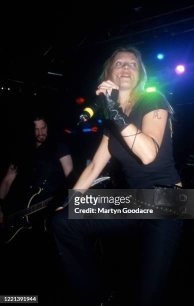 Vocalist Angela Gossow of Swedish melodic death metal band Arch Enemy performs on stage in London, United Kingdom, 2001.
