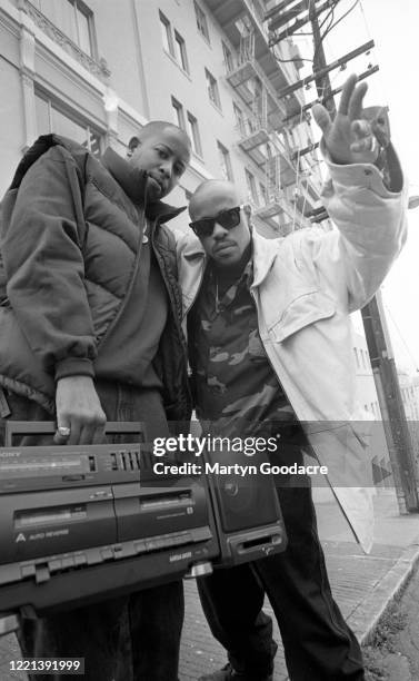 Premier and Guru of Gang Starr pose with a boombox, San Francisco, United States, 1991.