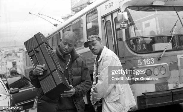 Premier and Guru of Gang Starr pose with a boombox, San Francisco, United States, 1991.