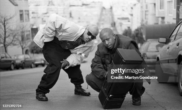 Guru and DJ Premier of Gang Starr pose with a boombox, San Francisco, United States, 1991.