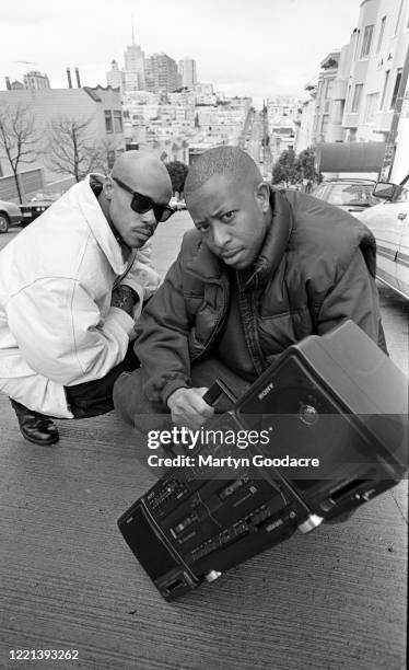 Guru and DJ Premier of Gang Starr pose with a boombox, San Francisco, United States, 1991.