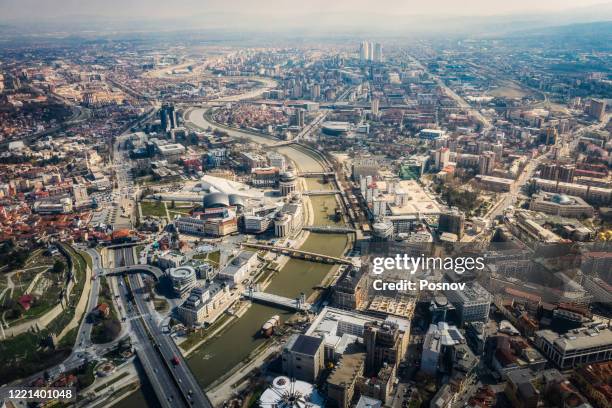 aerial view of skopje - skopje stockfoto's en -beelden