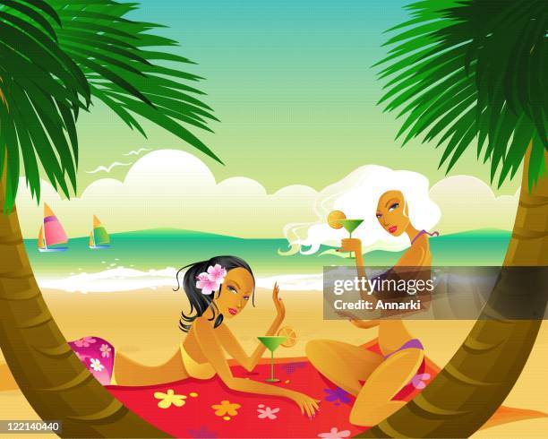 ilustrações, clipart, desenhos animados e ícones de mulher de férias de praia tropical ilha - mulher fatal