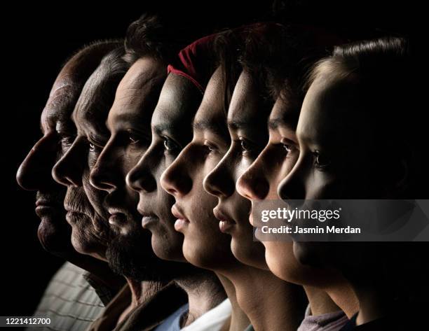 from young to old people faces in row - religion diversity stockfoto's en -beelden