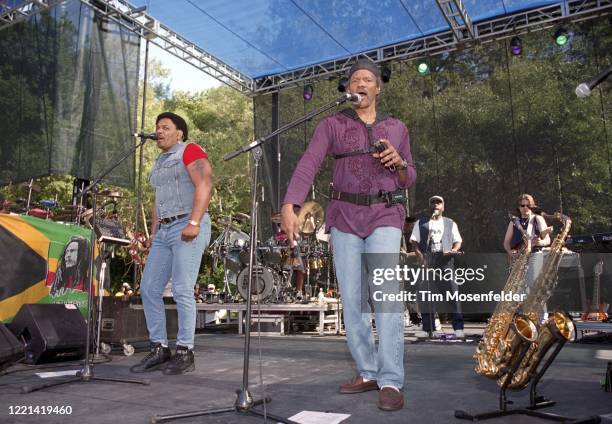Aaron Neville and Charles Neville of the Neville Brothers perform during the Santa Cruz Blues Festival at Aptos Village Park on May 23, 1998 in...