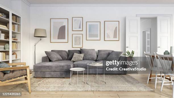 moderne skandinavische wohnzimmer interieur - 3d render - beautiful living room stock-fotos und bilder