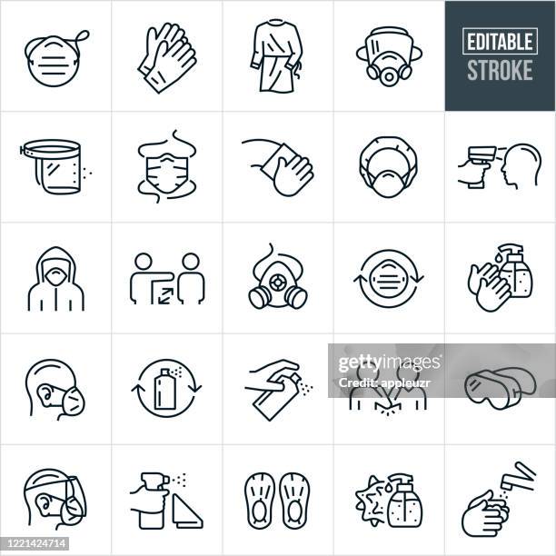 ilustraciones, imágenes clip art, dibujos animados e iconos de stock de iconos de línea fina del equipo de protección personal médica - trazo editable - scrubbing