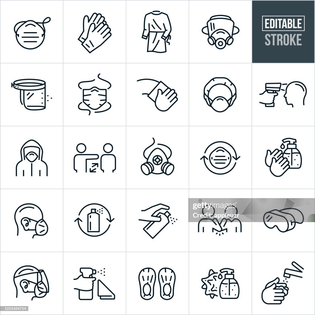 Medical Personal Protective Equipment Thin Line Icons - Editable Stroke