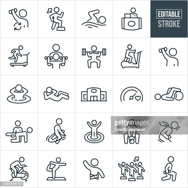 bildbanksillustrationer, clip art samt tecknat material och ikoner med fitness facility thin line ikoner - ediatable stroke - tyngdlyftning