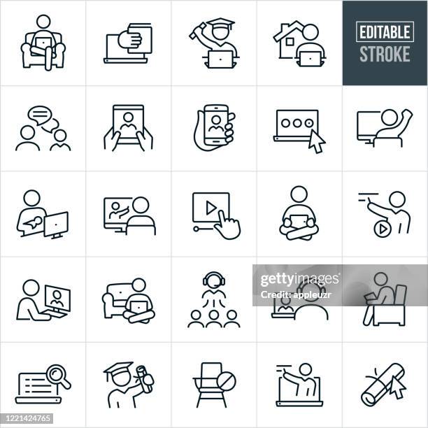 e-learning thin line icons - editable stroke - erwachsenenbildung stock-grafiken, -clipart, -cartoons und -symbole